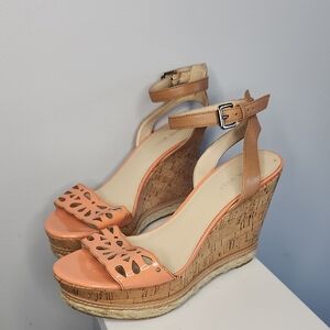 Nine West Tan and Orange Wedge Sandals with Cork Heel Size 8M